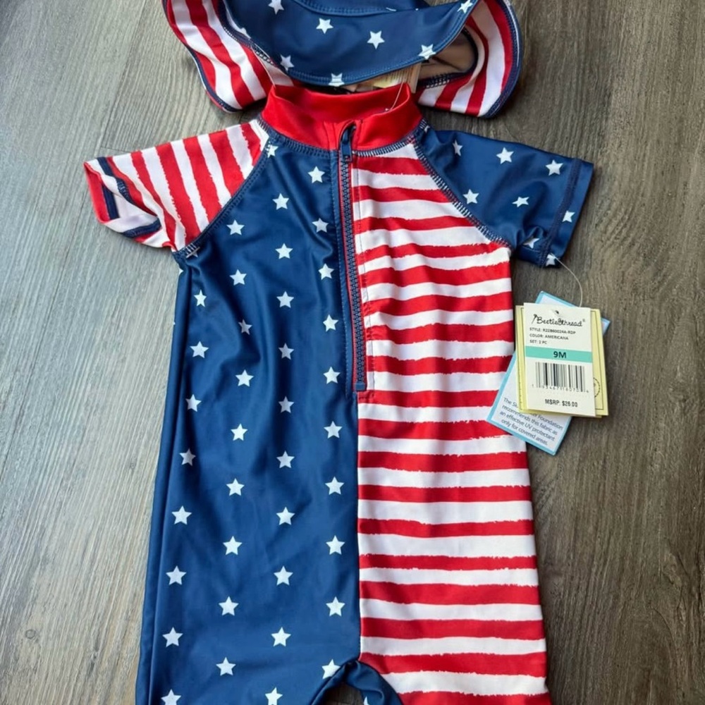 9 Month Stars and Stripes Baby Romper Swim Suit Rashguard with Matching Hat NWT